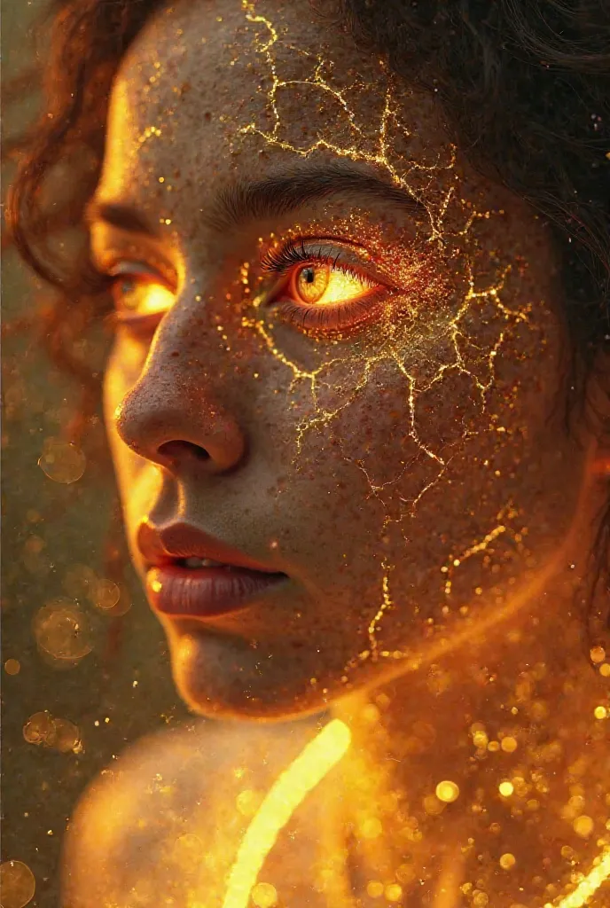 **** In the same photo above add The Golden Cracks appear on Ahmya's skin on her face. was as it were being fissured by the intensity of power. and her Floating and Iridescent Hair: Her hair takes on a floating and iridescent appearance, as if suspended in...