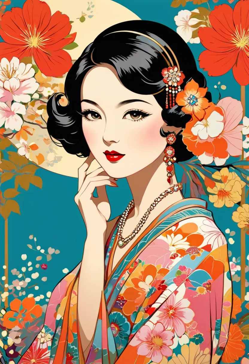 Masterpiece Painting, Feminine Art , Art Deco,  flat illustration , vecter art, lots of flowers , jewelry, pop art, beautiful Japanese woman,