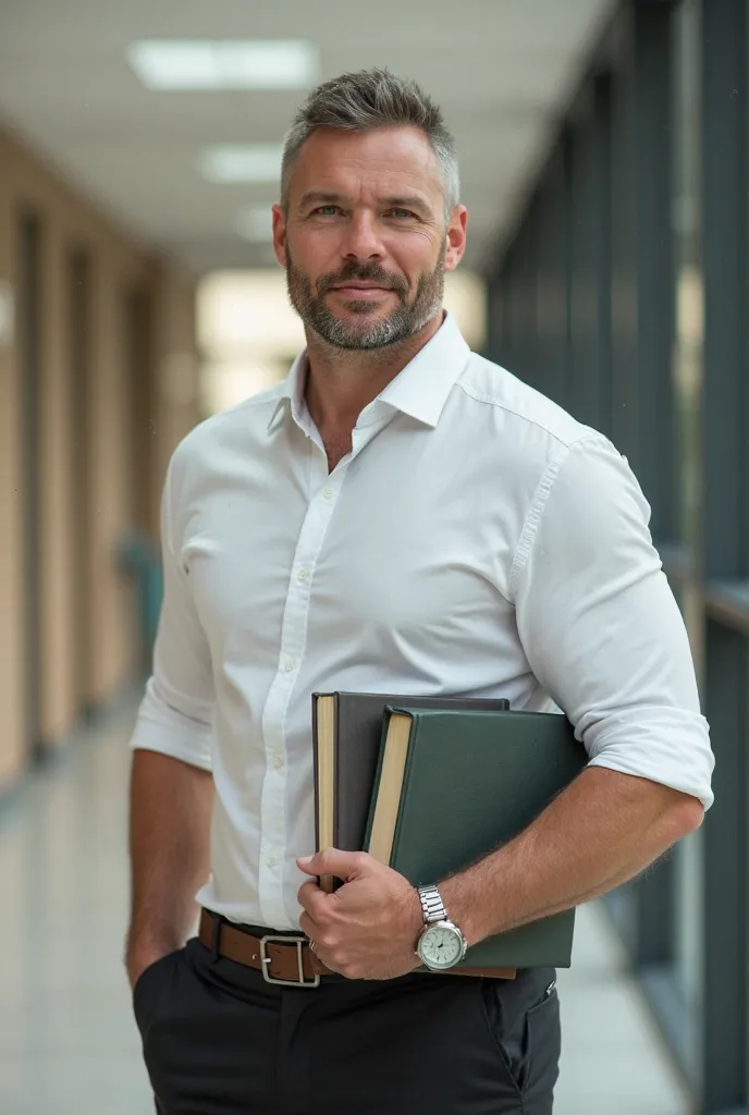 The corridor of a university as a background,  A 36 year old teacher, Male Hair, short hair, white skin, green eyes,  padlock beard , muscular body,  wearing a white shirt, black dress pants,  a silver watch on her wrist , Under his arm two books,  mature ...