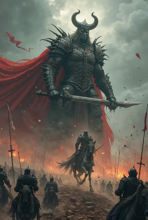 A colossal battlefield stretches under a stormy sky, where an unstoppable warlord leads his army to victory. Though unseen to the eye, his presence is undeniable—his towering armor floats in mid-air, its dark metal glistening with the blood of his enemies....