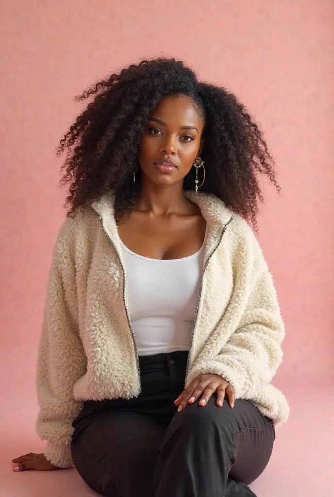 A very beautiful curveceous African woman
In a fluffy sweater with a zip,curly weave a black unfinished trouser,white tshirt and long earrings sitting on an empty pink room