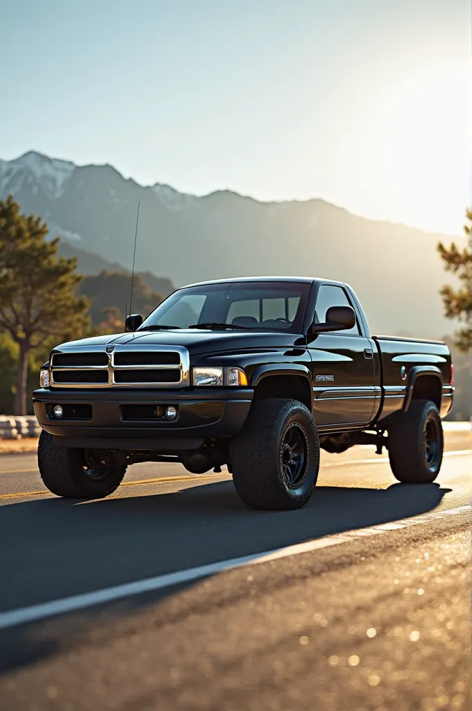 1995 Dodge Ram black pickup truck with the background of a California track and showing mountains and trees typical of the region, The bright sun at 2 o'clock in the afternoon.