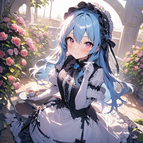 one girl、light blue hair tied at the top、wavy long hair、smile、
white and light blue gothic lolita dress、hair bonnet、 pink eyes、white gloves、Rose Garden、
Tea Set。
High Resolution, masterpiece, accurate, 