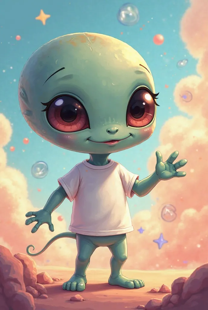 Little alien with white tshirt saying hi.anime cartoon style