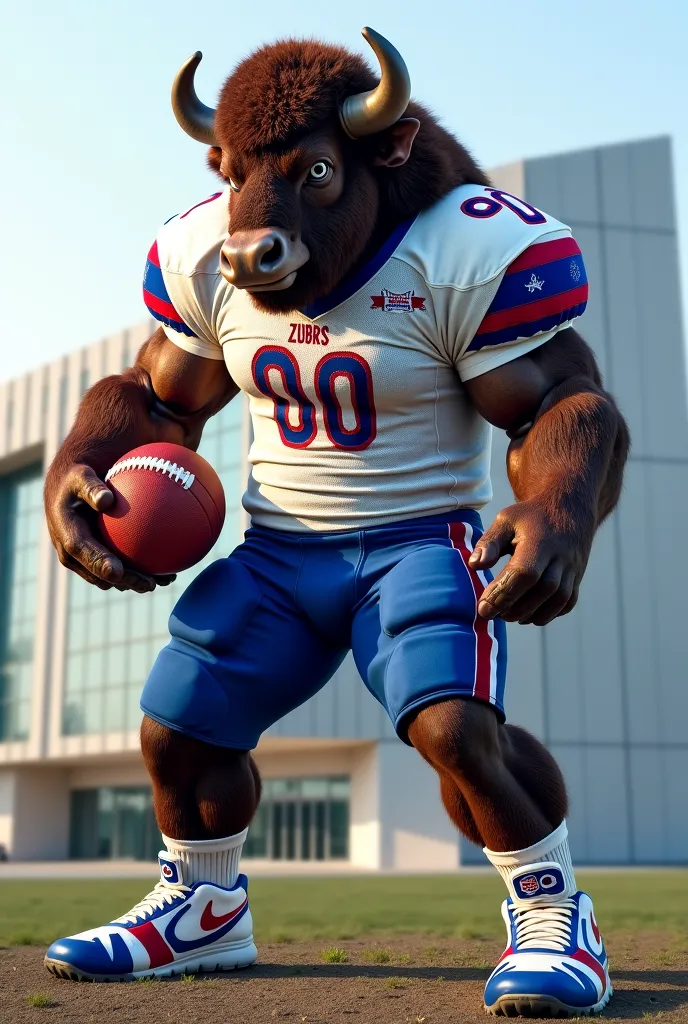 Aggressive Bison, with an American football ball, wearing a white and blue ZUBRS T-shirt, with Belarusian ornaments, with number 00, png, in front of the National Library in Minsk