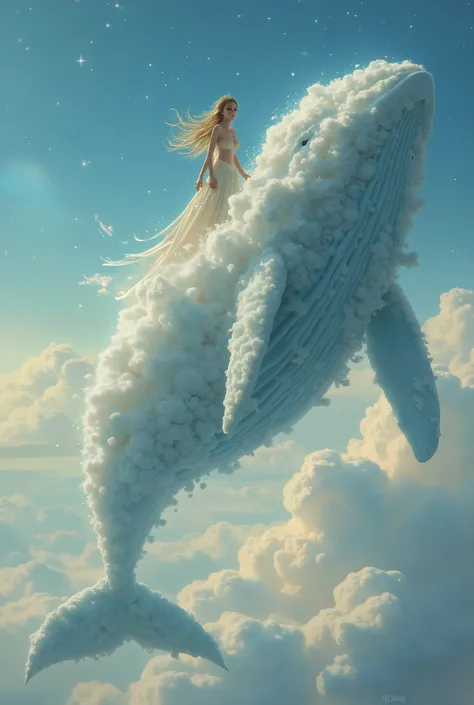 A whimsical scene unfolds: a giant fluffy white cloud morphs into a majestic blue-whale shape, its ultra-long flippers and large tail fin majestically suspended in the sky. The warm sunlight casts a gentle glow, accentuating the subtle twinkle of stars abo...