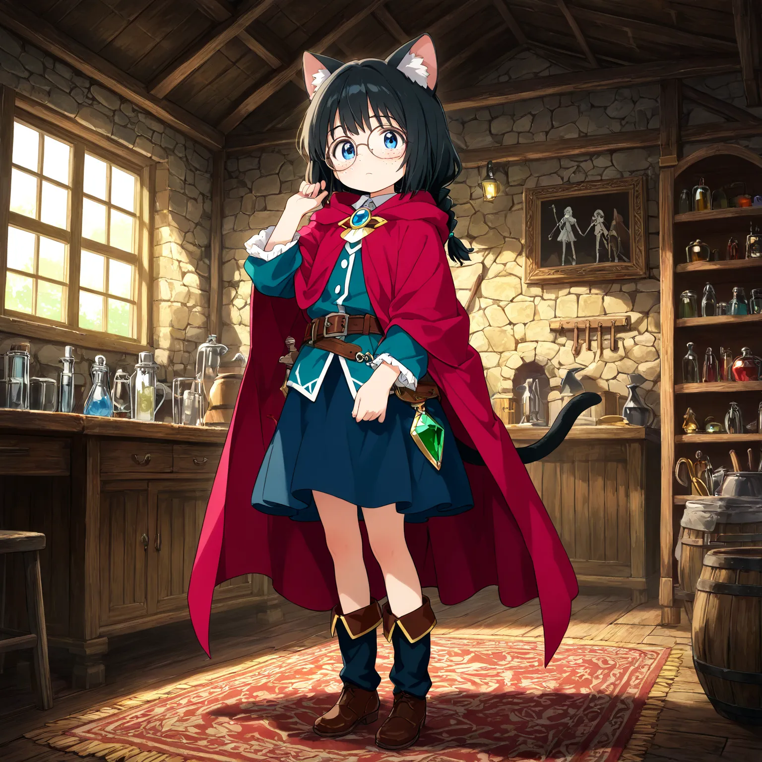 high quality, beautiful image quality over the right shoulder, detailed image quality, anime style, full body illustration, Alone,  girl, slender figure, medium black hair that covers your eyes, Black cat ears, tail,  blue eyes, Weak Faces , freckles, Skir...