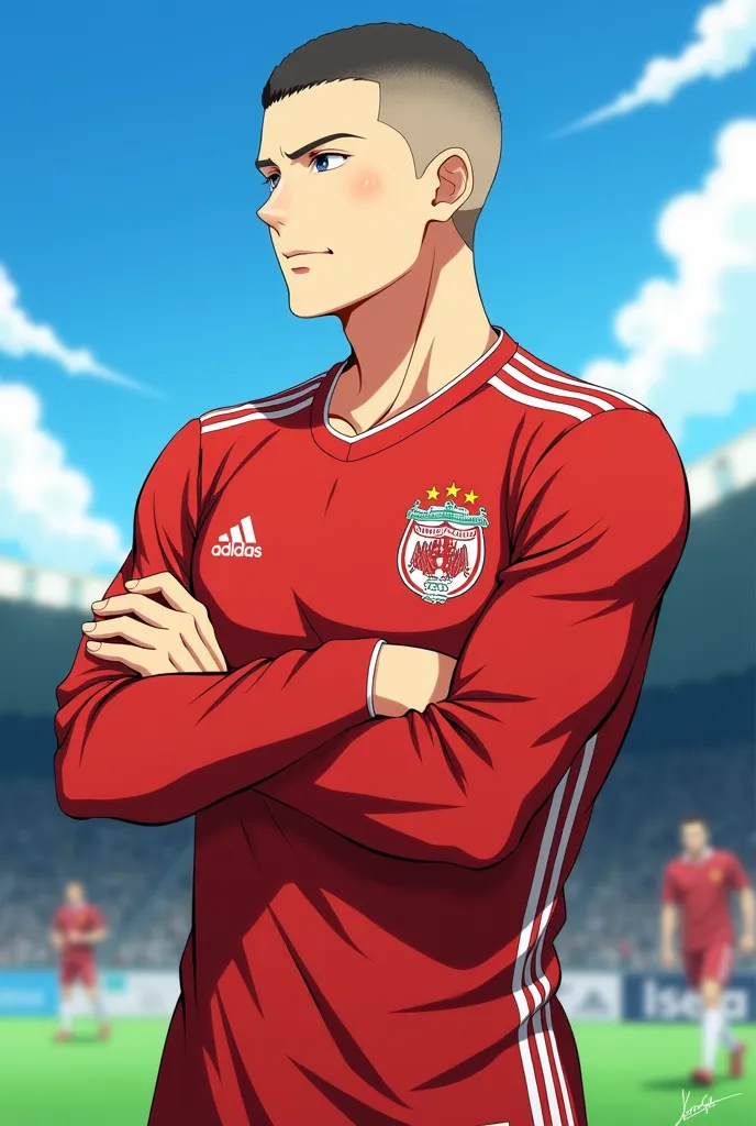 anime Physical Attributes:

Height: 6'4" (193 cm), giving him a commanding presence on the field.
Build: Muscular and athletic with well-defined shoulders, showcasing strength and agility.
Hair: Buzz cut with a mid skin fade,
Style:

Jersey Preference: Alw...