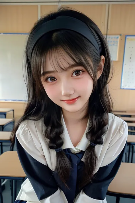  20 years old,1 beautiful woman,school uniform,hand between legs,standing,cute face,smiling,flushed cheeks,medium hair,low twin tail,black hair,black eyes,from front,looking at viewer,classroom,headband,masterpiece, extremely fine and beautiful,highly deta...