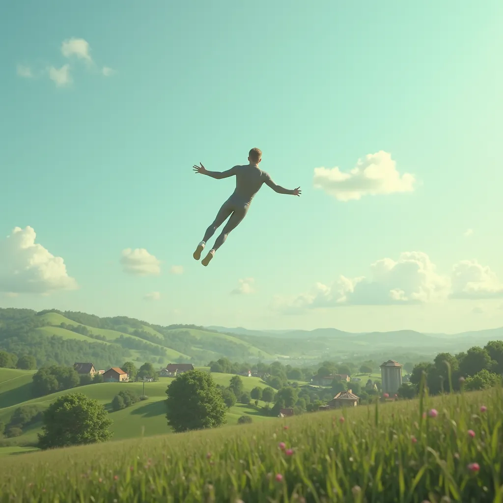 A man flies through fields of grass, blue skies, apple trees and farms