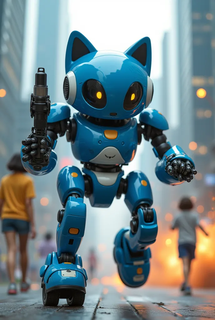 ((masterpiece, High Resolution,  Ultra High Quality ,  best contrast 、4K)), (short-limbed cat robot、round head and body、 walking on two legs、with a cylindrical cannon attached to one hand.、Both feet are floating、royal blue exterior and white interior), (ma...