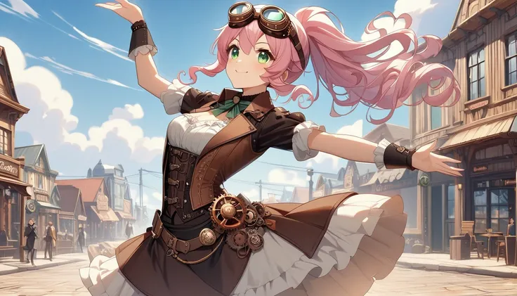 highest quality。masterpiece。detailed details full body 。one woman。 pink hair long curly hair ponytail 。 green eyes. cute steampunk cowgirl outfit 。vtuber style. full body , goggles on head. Cheerful smile. The background is a western style town, dusty wind...