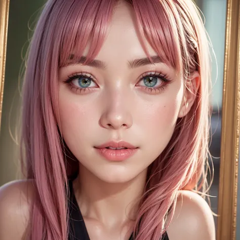 A high-definition digital portrait showcasing only her face, front-facing. She has long pastel pink hair with soft, flowing locks and arched brows. Her large, almond-shaped gray-green eyes, framed by fluttery lashes, exude a tender look. A delicate nose co...