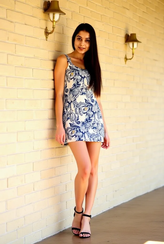 A young woman with long dark hair, wearing a patterned floral and paisley print mini dress with cream-white background and blue-indigo accents, poses against a light beige brick wall, styled with a light-gold lamp. Her legs are long and toned, and she wear...