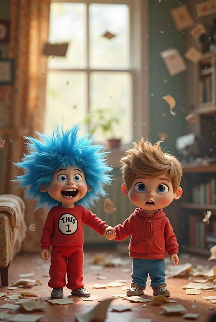 Generate an image of Background: The house is now in disarray—papers flying, a knocked-over lamp, and objects scattered everywhere.

Thing 1 & Thing 2: Small, blue creatures with red jumpsuits, wild blue hair, and mischievous grins.

Sally & Brother: they ...