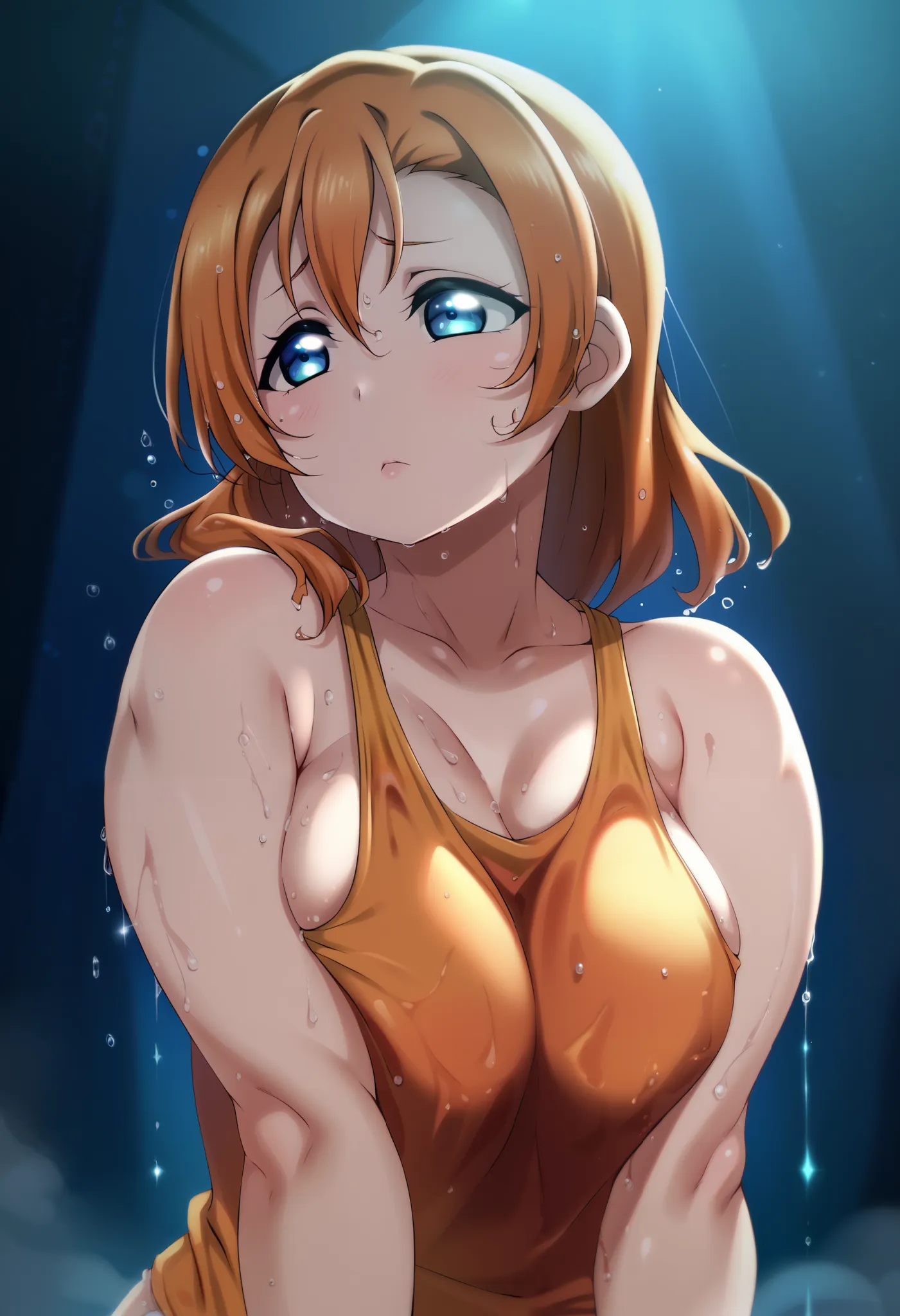 anime style, love live,kousaka honoka , blue eyes, love live, orange hair , tight black tank top with deep side cutouts, revealing sideboob, wet and clinging fabric, excessive sweating, deep shadows accentuating curves, large breasts, moisture on body, nig...