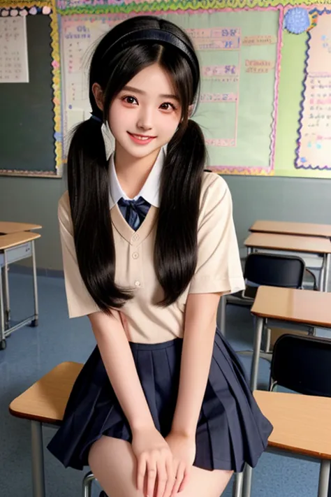  20 years old,1 beautiful woman,school uniform,hand between legs,standing,cute face,smiling,flushed cheeks,medium hair,low twin tail,black hair,black eyes,from front,looking at viewer,classroom,headband,masterpiece, extremely fine and beautiful,highly deta...