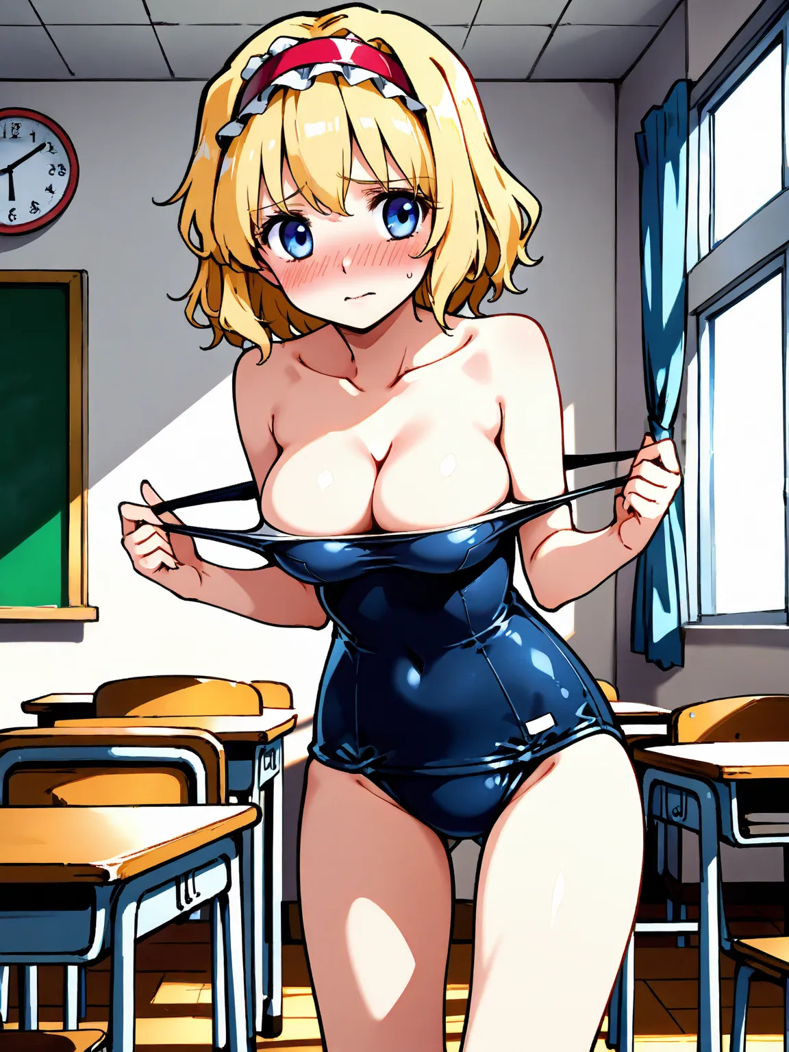 nsfw, one girl, Alice Margatroid, embarrassed, undressing school swimsuit, school classroom