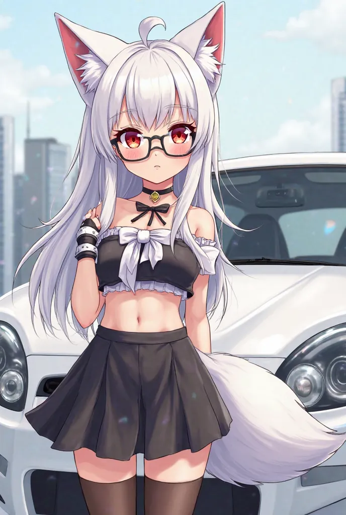 Girl with white body, white, white fox ears and white fox tail. She have red eyes. Wears cute black stockings, black mini skirt, black and white cute bow coqett crop top. Also she wears black glasses. Draw her in anime style near any japanese car.