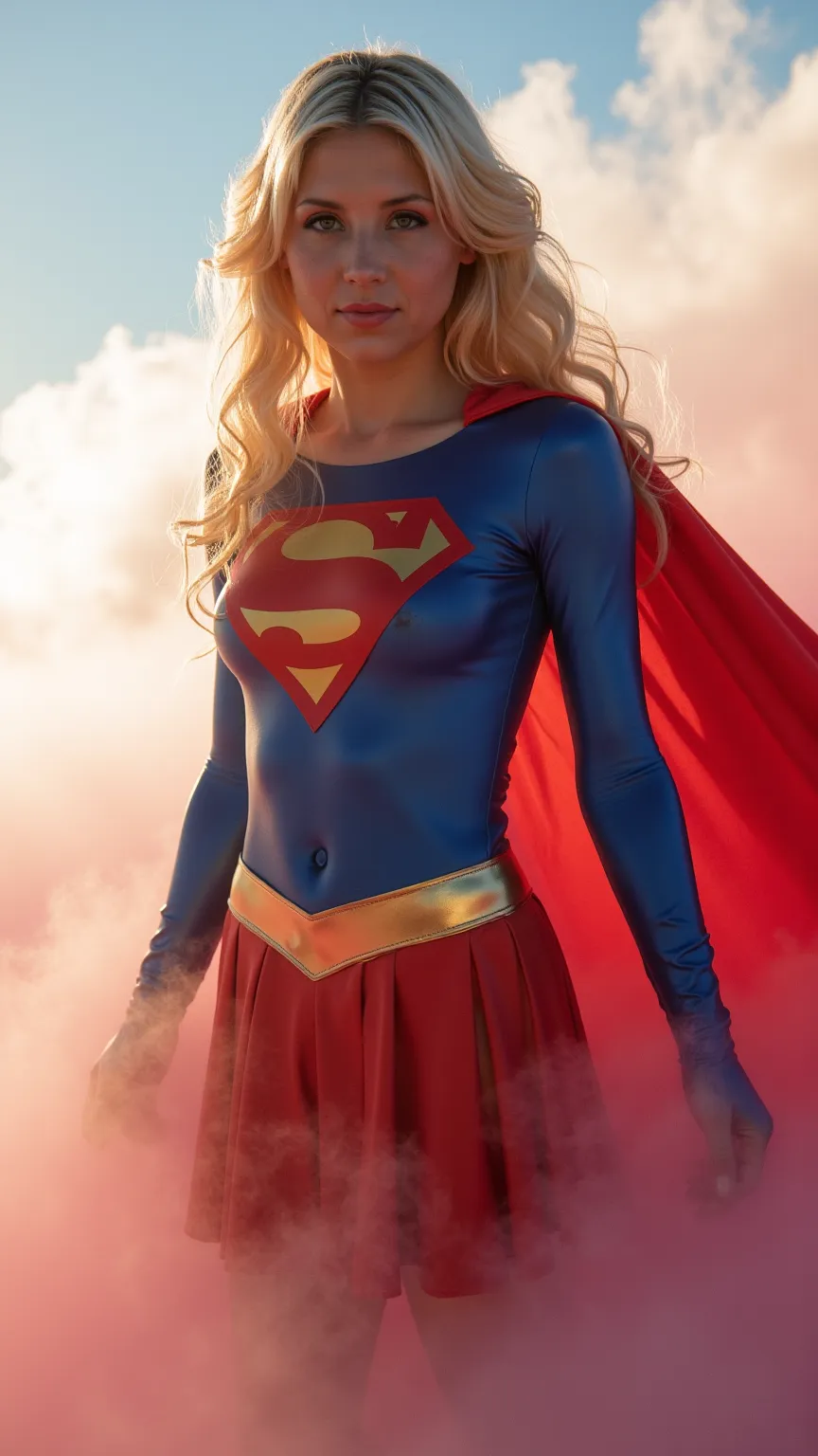 Close-up of an imposing figure, a young woman in a 1980s Supergirl costume ((20years old with large breasts; Supergirl 1980s costume; glued to the body; beautiful and elegant; huge breasts; blonde hair with some white strands))) and piercing gaze, floating...