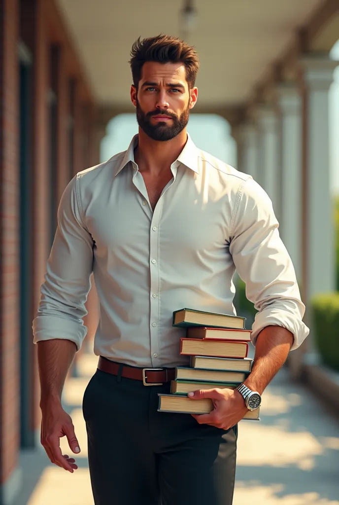 The corridor of a university as a background,  A 36 year old teacher, Male Hair,  Short dark brown hair , white skin, green eyes,  padlock beard , muscular body,  wearing a white shirt, black dress pants, a silver watch on his wrist, Under his arm two book...