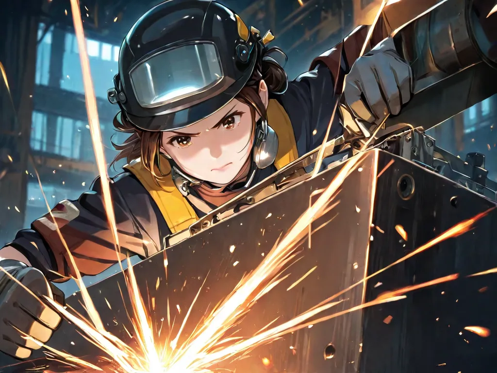 A female welder working in a factory, wearing protective gear. She has a serious and focused expression while welding metal, with sparks flying around. The background shows an industrial factory setting with machinery and metal structures.