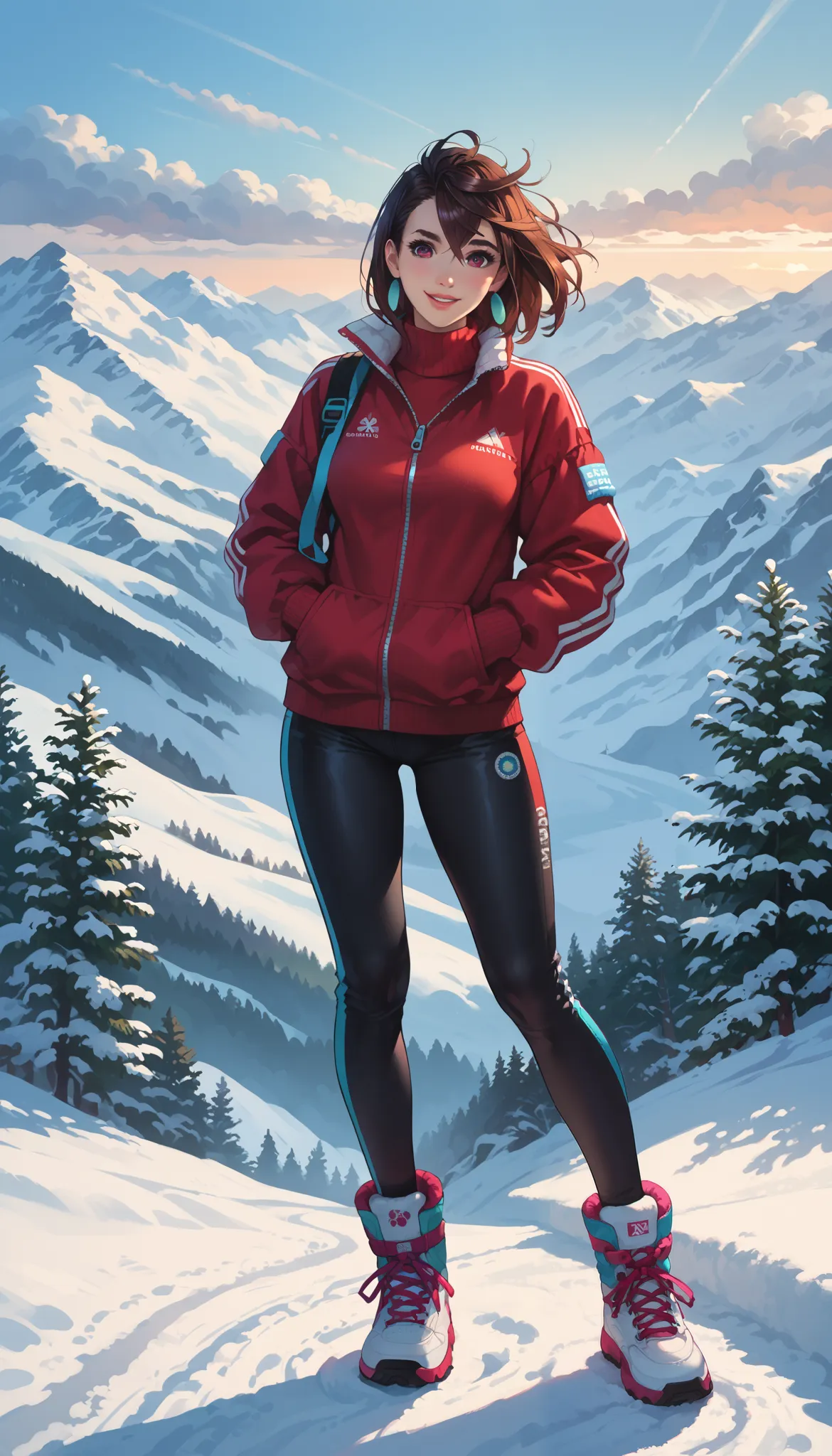 rape, Ayase Momo Ayase in a ski suit standing on a snowy mountainside, jacket zipper unzipped, red warm sweater tightly hugging her figure, beautiful gray detailed eyes, beautiful detailed lips, bright colors, colorful background, soft lighting, romantic a...