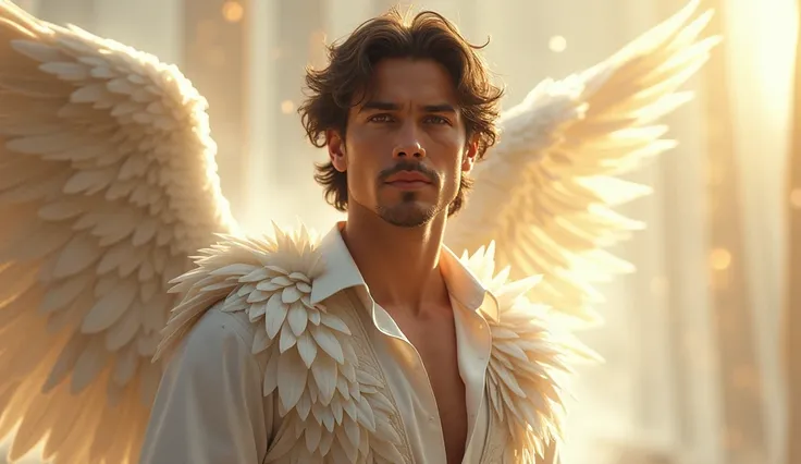 **"Create an ultra-realistic digital painting of a celestial male angel with an ethereal yet strikingly human presence. He appears to be around 30 years old, with a chiseled, symmetrical face, piercing light-colored eyes that hold a deep wisdom, and flawle...