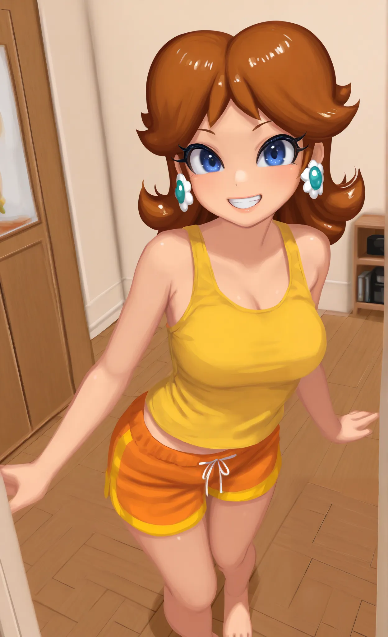 ((Princess daisy)), ((masterpiece)), ((high resolution)), ((solo portrait)), {(attractive figure), (beautiful legs), (pretty feet), (brown hair), (cute blue eyes), (short eyelashes), (cute grin)}, {(yellow tank top), (orange lounge shorts)}, {(standing), (...