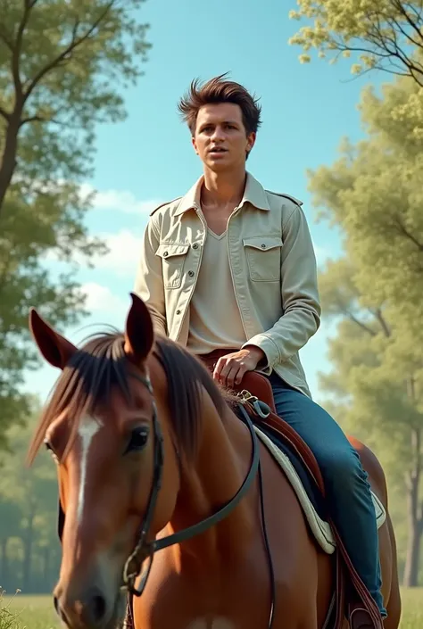  modern haired young man wearing white vest and jacket with Jean background trees and sky riding a horse realistic image 