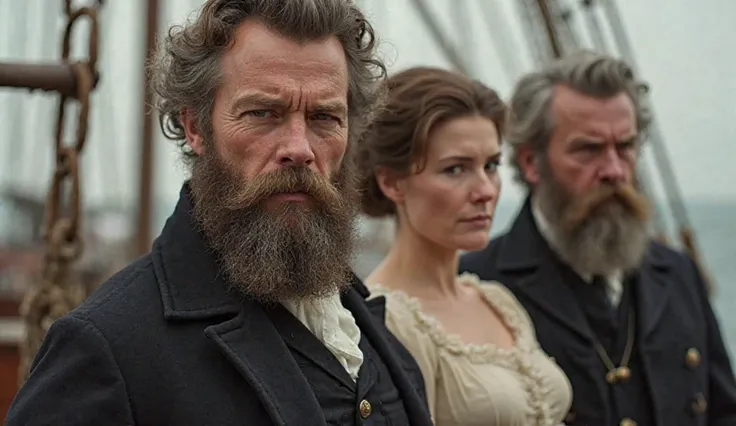 Close-up of Captain Benjamin Briggs, mid-40s with full beard, confident expression, standing on deck in the year 1870s. Then his wife Sarah and  daughter Sophia join him, all dressed in 1870s attire. Image should be hyper realistic and in 8k resolution