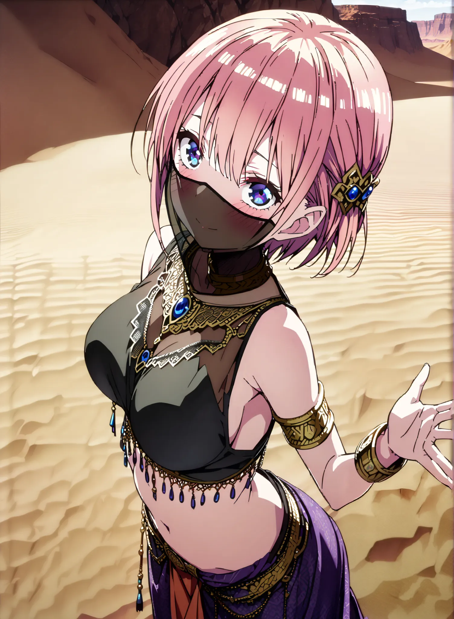 score_9, score_8_up, score_7_up,  source_anime,  Nakano Ichika,  short hair, Alone,bangs, blue eyes,  o, pink hair near MM, smile,blush,half updo,Big Breasts,Chest Valley,Arabian clothing,  dancer , mouth Veil, belly Dancing, Veil, armlet, Dancing, Bare le...