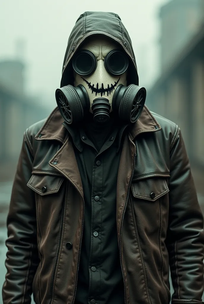 A picture with a guy wearing a leather jacket and a gas mask with a smile painted on it