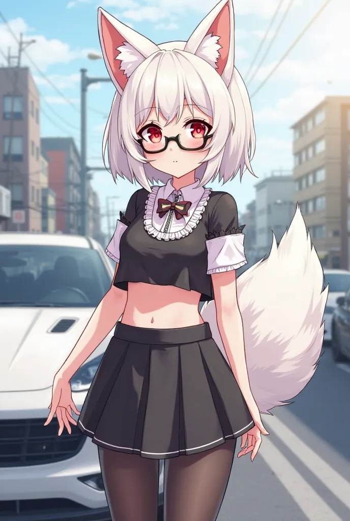 Girl with white body, white, white fox ears and white fox tail. She have red eyes. Wears cute black stockings, black mini skirt, black and white cute bow coqett crop top. Also she wears black glasses. Draw her in anime style near any japanese car.