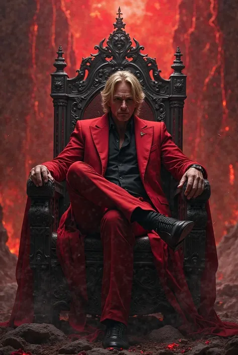 Homem l
Blonde sitting on a throne in hell with his legs crossed,red suit and black hat 