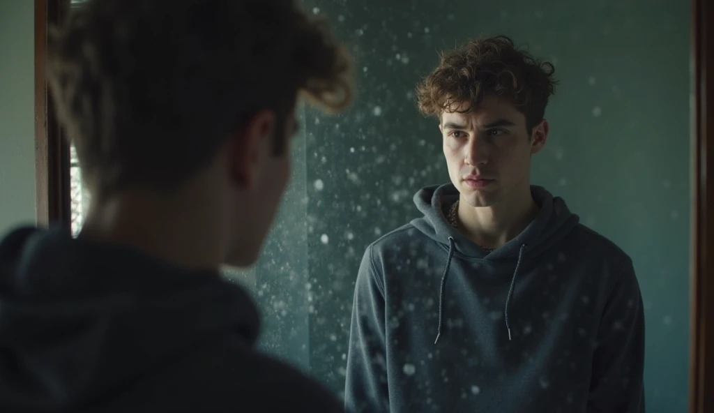 A young man standing in front of a mirror, looking at his reflection with a worried and self-doubting expression. The mirror is slightly fogged, symbolizing unclear self-perception. The room has a dim, moody lighting with a lonely atmosphere.