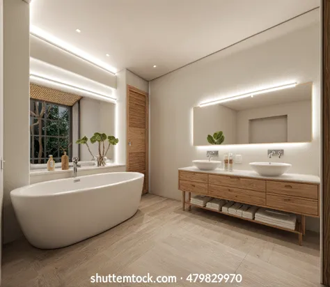 WASABI STYLE, ( toilet ROOM: 1.5), RAW photo,Masterpiece, high quality, best quality, authentic, super detail, interior,white wall, Neutral color for furniture,natural wooden texture, japandi style, Realistic reflexes,realistic light , vray, tree in room