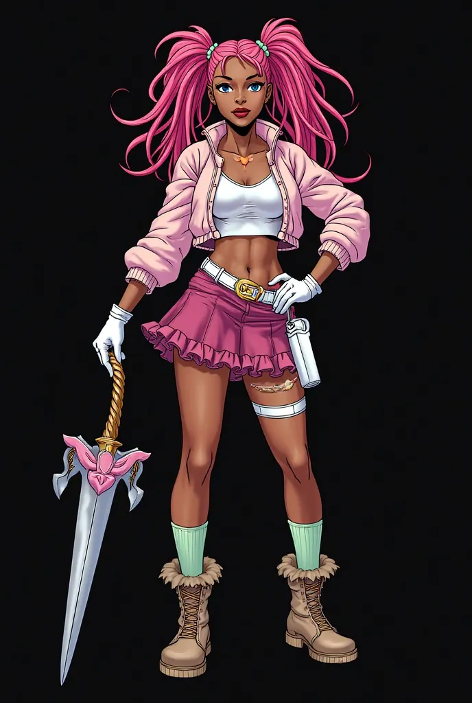 Comic comic panel,  Young Woman,  pele negra, Dread pink hair in two s, brown eyes, blue makeup, cropped white heart shape, light pink short jacket, short dark pink skirt with ruffles, white leather gloves, weapon morningstar mace silver and pink decorativ...