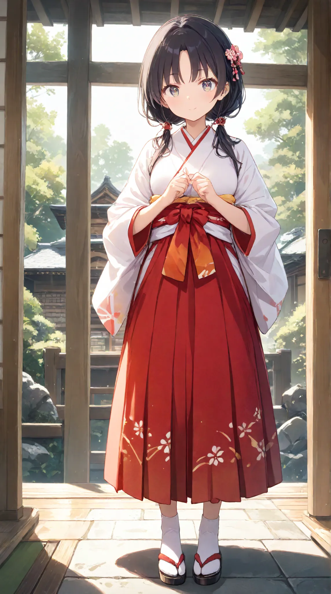 masterpiece,large breasts, long hair, (Black Hair 1.5) , bangs, （1 girl 1.5）,big eyes, Hair Ornaments , 18 years old、Bust Focus、viewer，full body，,,cheerful,
、Shinto shrine、Shrine maiden