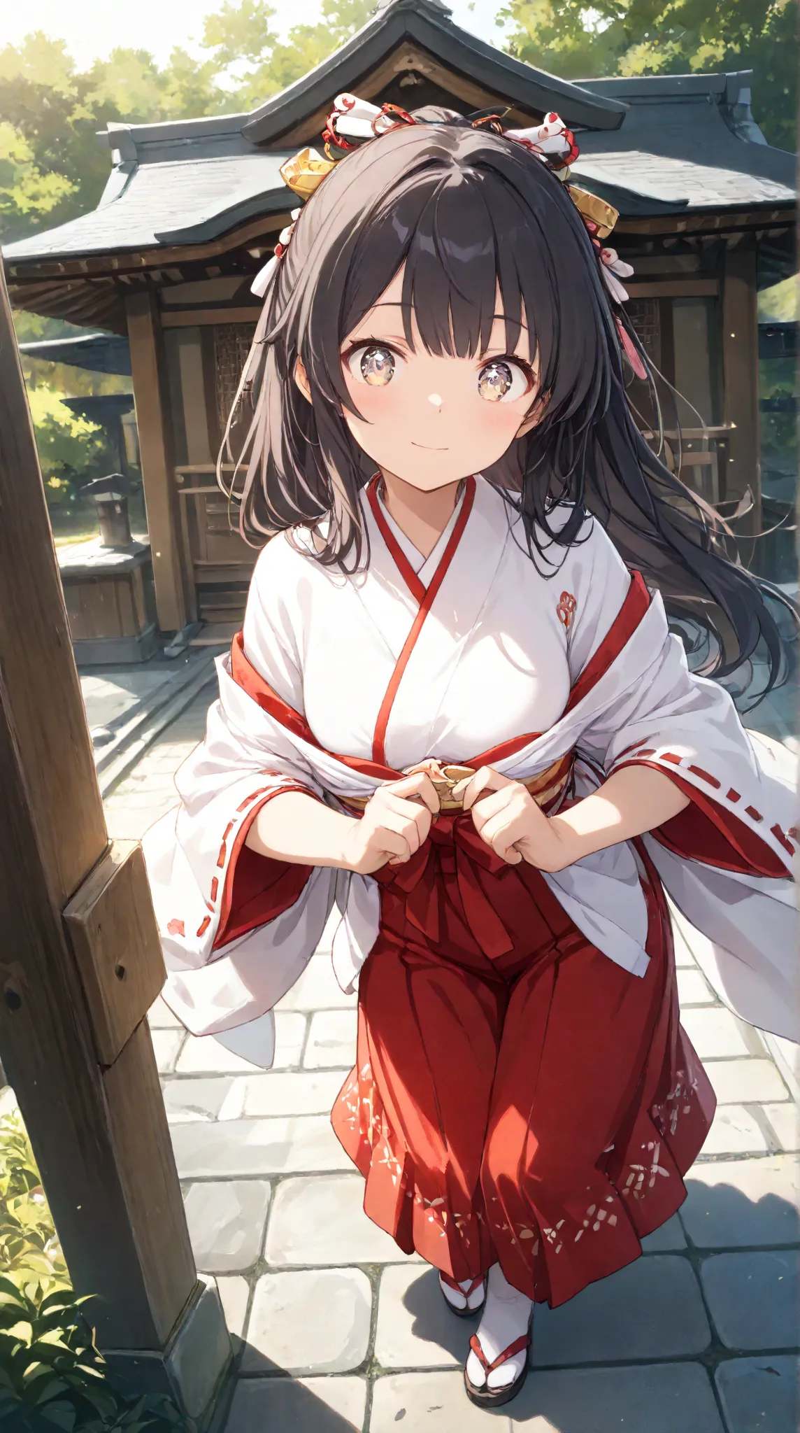 masterpiece,large breasts, long hair, (Black Hair 1.5) , bangs, （1 girl 1.5）,big eyes, Hair Ornaments , 18 years old、Bust Focus、viewer，full body，,,cheerful,
、Shinto shrine、Shrine maiden