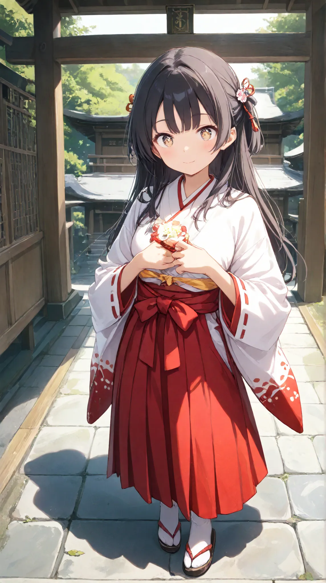 masterpiece,large breasts, long hair, (Black Hair 1.5) , bangs, （1 girl 1.5）,big eyes, Hair Ornaments , 18 years old、Bust Focus、viewer，full body，,,cheerful,
、Shinto shrine、Shrine maiden