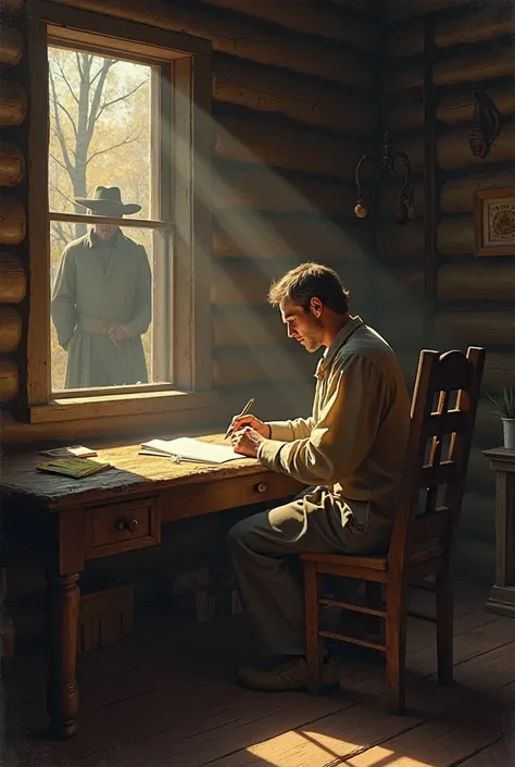 Joseph Smith sitting at a wooden desk in a dimly lit room, secretly writing on golden plates while a shadowy figure outside the window watches skeptically.