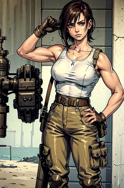 a military woman, well trained body, white sleeveless t-shirt, Exposed collarbone, beige leather shelter, blue pants, two leather belts with gun pockets, dark brown hair, carving, Brown eyes, hazel left eye, left eye with a scar, beach shore, at daytime, g...