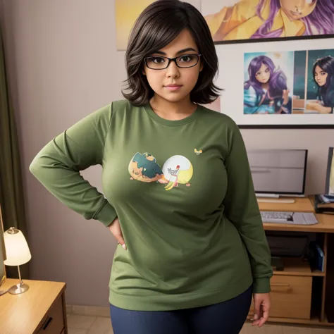 timid short cute fluttershy slightly chubby raven nyuugao Mexican geeky girl, short slightly wavy hair, cute detailed brown eyes, cutely detailed lips, cute highly detailed eyes and face, voluptuous breasts, thin thighs, thin hips, long sleeve t shirt tuck...