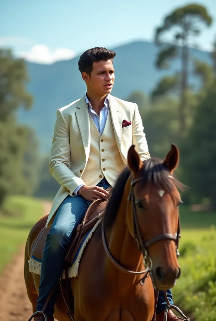  Man looking forward modern hair dressed in white vest and jacket with Jean background trees and sky Colombian countryside riding a horse realistic image 