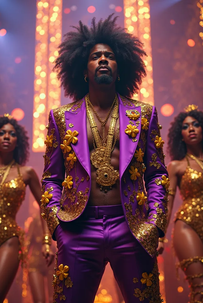 Afroman in purple  suit coverd in golden  flowers and leaves with golden chain witj yellow and green and red diamonds while he sings on stage in france  exotic  dancers  in background