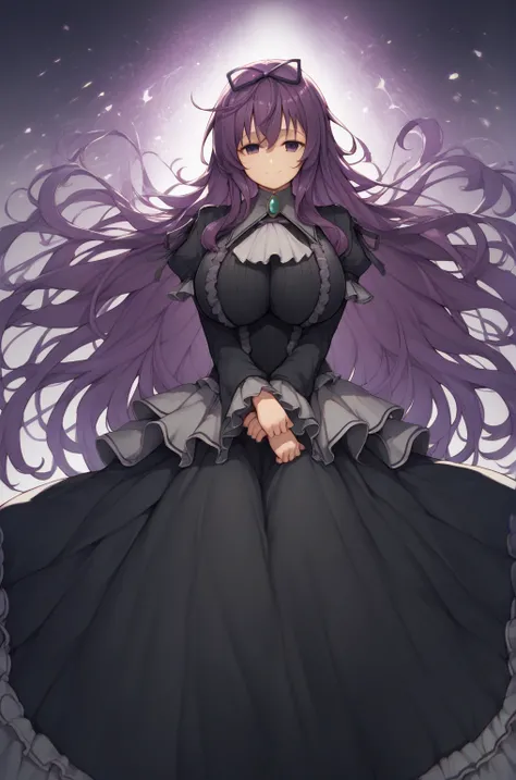 Murasaki _xl, purple eyes, purple hair, very long hair, hair ribbon, extremely huge boobs 
Big Breasts Shinobi_outfit, black dress, long dress, frills, brooch, gem, long sleeves smile up from the waist