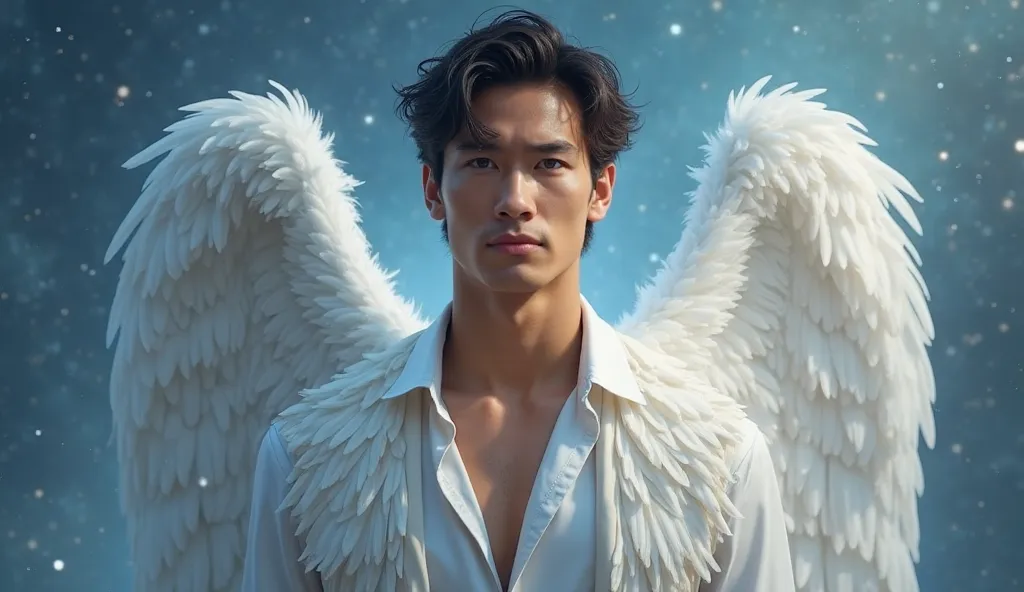 **"Create an ultra-realistic digital painting of a celestial male angel with an ethereal yet strikingly human presence. He appears to be around 30 years old, with a chiseled, symmetrical face, piercing light-colored eyes that radiate wisdom, and flawless s...