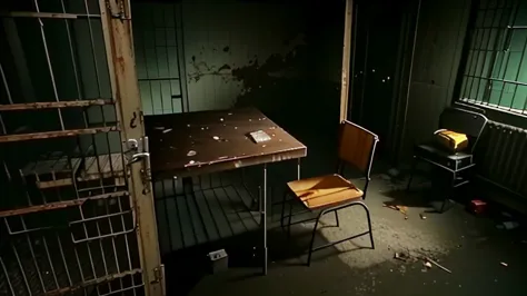 arafed view of a prison cell block with a man sitting on a chair, video game screenshot>, sitting in a dark prison cell, cutscene footage, gameplay footage, screenshot from game, video game screenshot, from outlast, a screenshot of a rusty, still from half...