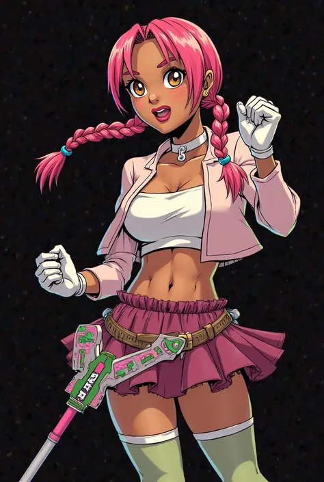 Comic comic panel,  Young Woman,  pele negra, medium braid pink hair in two little pigtails, brown eyes, piercing no nariz,  white choker, cropped white heart shape, light pink short jacket, short dark pink ruffled skirt, white leather gloves, weapon Morni...